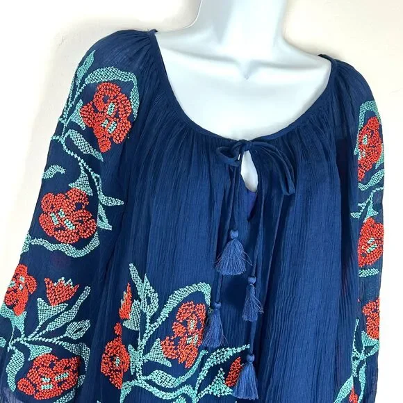 Trina Turk Blue Embroidered Boho Cotton Lined Floral Tunic Dress Size 6 NEW - Picture 11 of 15
